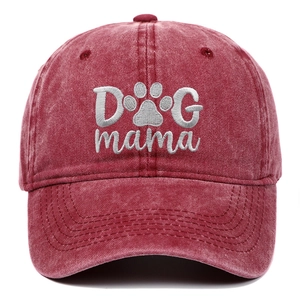 Close-up of DOG mama embroidery on vintage washed burgundy cotton baseball cap