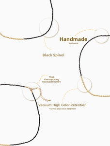Detailed view of handmade 2mm black spinel beads and golden olive-shaped metal spacers