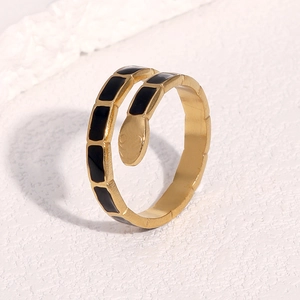 Classic 18k gold plated stainless steel snake ring with black enamel inlay detail