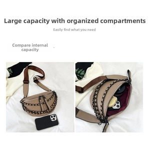 Internal view of khaki crocodile pattern chest bag with chain and spacious storage