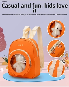 Detail of orange kids backpack featuring a transparent window with a plush bear toy and metal zip