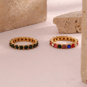 18K gold plated stainless steel eternity rings with green and colorful zircon stones