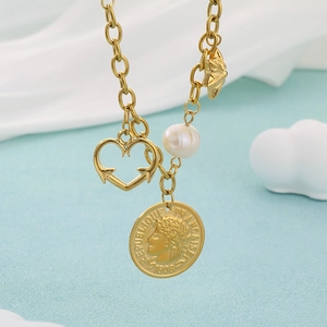 Vintage 18K gold-plated stainless steel necklace with coin and heart charms