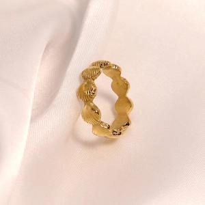 Bague rétro française en acier inoxydable plaqué or 18K avec design élégant de coquillages