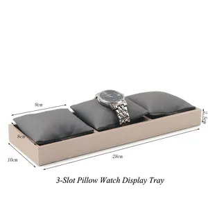 Three-slot gray watch pillow display tray with beige leather base and dimensions