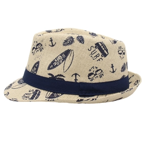 Unisex straw sun hat with ocean prints and navy ribbon for summer beach holidays