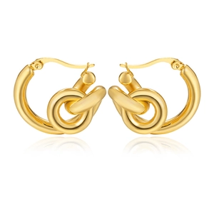 Detailed view of polished gold-plated hollow knot C-shape open earrings in stainless steel