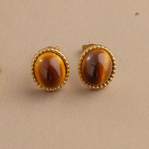 Orecchini vintage in pietra occhio di tigre con bordo perlato dorato da donna
