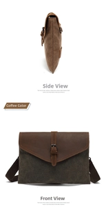 Detailed front and side view of retro canvas messenger bag with brown leather flap and buckle