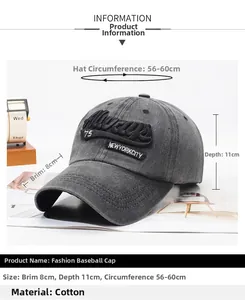 Detailed size specifications for washed cotton baseball cap with 3D letter embroidery