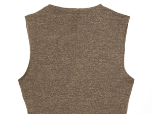 Close-up of brown melange knit vest showing neck detail and soft textured fabric