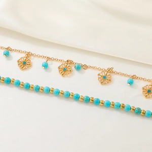 Bohemian turquoise bead bracelet set with hollow flower pendant and gold link chain