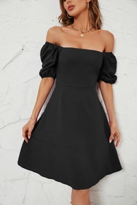 Detail of square neck puff sleeves on black summer dress with woven texture