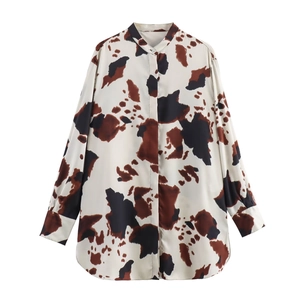 Women fashion cow print long sleeve shirt set with stand collar and button closure