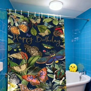 Deep blue shower curtain with butterflies, green plants and gold Happy Birthday text