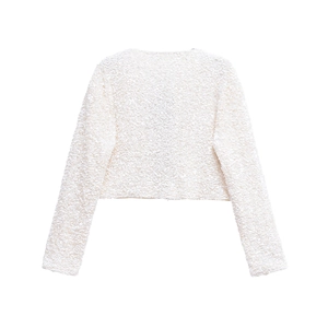 Chaqueta corta blanca con lentejuelas para mujer con mangas largas y brillo elegante