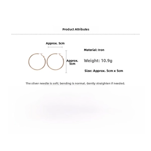 Detail of rose gold round hoop earrings with silver needles, 5cm diameter size specification