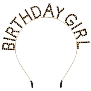 Detail of golden Birthday Girl headband featuring black rhinestones on a metal frame