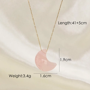 Gold chain necklace with a pink crescent moon natural stone pendant and measurements
