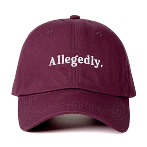 Retro burgundy baseball cap with white Allegedly embroidery and adjustable strap