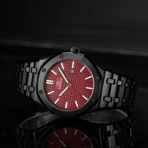 Men's quartz watch with black octagonal case, red tapestry dial and steel bracelet