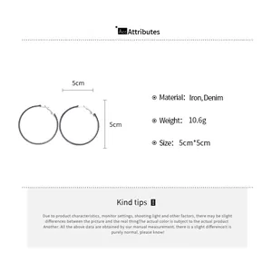 Size chart showing 5cm diameter and specifications of denim fabric hoop earrings