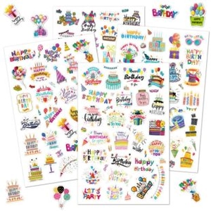 Detail of colorful laser Happy Birthday stickers with cake and party hat patterns