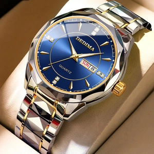 Macro detail of men quartz watch with blue dial, calendar display and two-tone metal strap