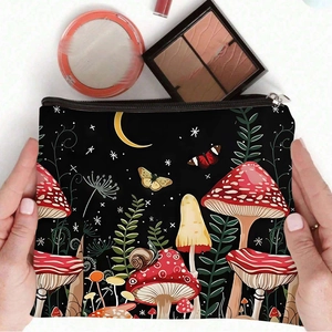 Canvas makeup bag with forest mushroom and moth print for large capacity storage