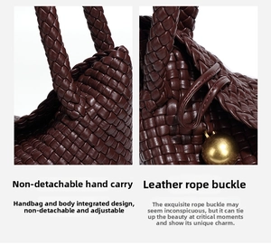 Detail of dark brown woven leather tote featuring integrated handle and metal ball drawstring