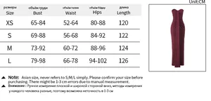 Size chart for backless tube bodycon dress including bust, waist, hips, and length data