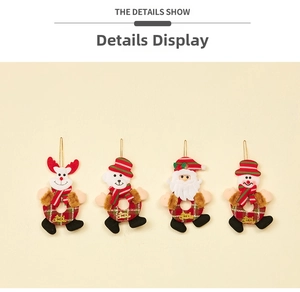 Detail view of 4 plush Christmas ornaments including Reindeer, Santa, and Snowman