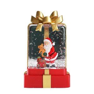 Christmas Santa water globe lantern in red gift box shape with LED glowing light and glitter