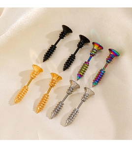 Detail shot of stainless steel screw earrings in black, gold, silver, and rainbow colors