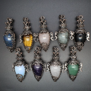 Set of nine vintage bronze crown crystal bottle pendants with colorful natural gemstones