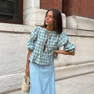 Gingham Puff Sleeve Top Women French Sweet Front Tie Blouse Polyester Checkered Peplum Hem Light Blue Casual Shirt