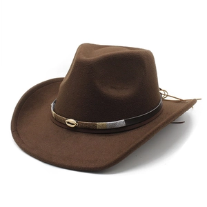 Classic dark brown wide brim cowboy hat with wool felt texture and ethnic beaded band