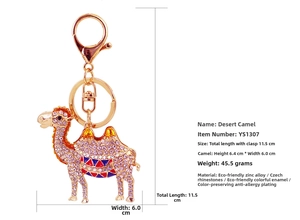 Macro detail of camel keychain with pink rhinestones and colorful enamel painting