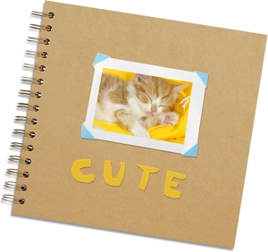 Detail of spiral bound kraft scrapbook album with cute cat photo and corner stickers