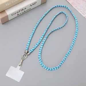 Close-up of blue and white braided phone lanyard with metal clip and secure patch