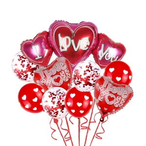 Red heart balloons set with I Love You print and confetti balloons for party decor