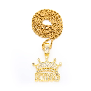Golden crown king pendant with sparkling rhinestones and a twisted rope chain necklace