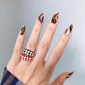 Press On Nails Almond Shape Glossy Full Cover Artificial Fake Nails French Abstract Wavy Lines Retro For Women Girls