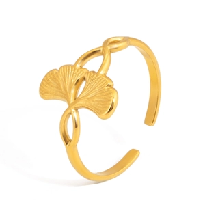 Anello aperto regolabile in acciaio inossidabile dorato con design minimalista a doppia foglia