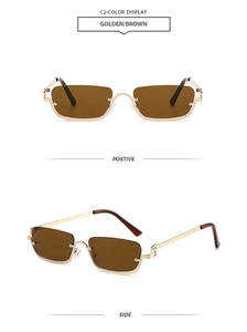 Detail view of golden metal half-frame sunglasses with brown lenses from front and side