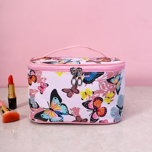 Pink makeup bag with colorful butterfly prints and dual metal zippers for travel