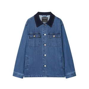 Giacca Di Jeans Casual Da Donna Con Colletto In Velluto A Coste A Contrasto Bottone Cappotto Blu