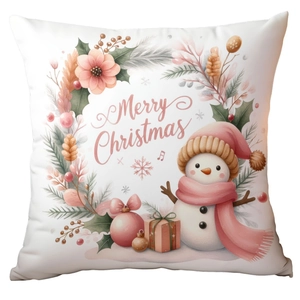 Pink snowman Christmas pillow cover with floral prints and Merry Christmas text