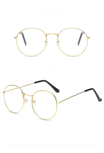 Front and side view of retro gold metal round glasses frames with black temple tips