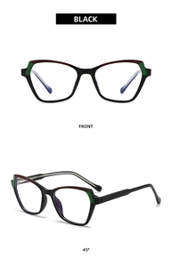 Front and 45-degree views of black cat-eye glasses with purple and green temple accents